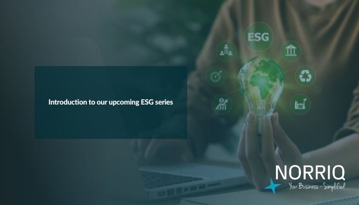 Person holding a glowing light bulb with ESG icons, text about ESG series, and NORRIQ branding