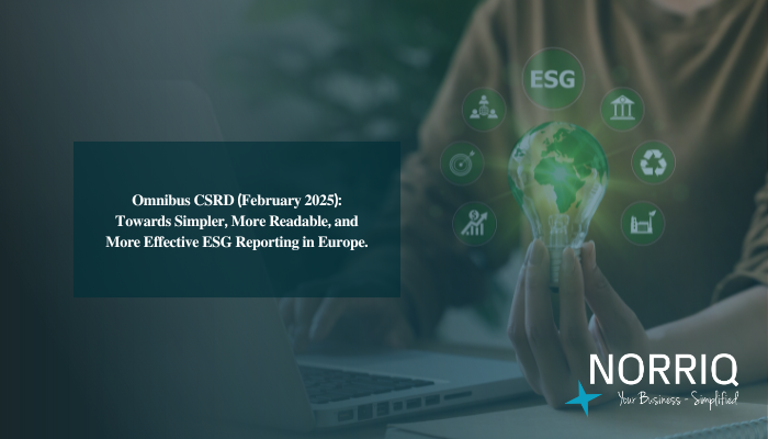 A person holding a glowing light bulb with ESG icons, next to text about CSRD and NORRIQ branding