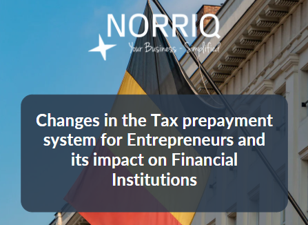 Text overlay with "Tax Prepayment Changes" and NORRIQ branding on a building background.