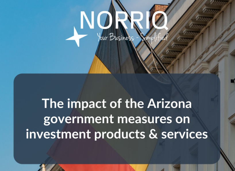 Text overlay with "Impact of Arizona Government Measures" and NORRIQ branding on a building background