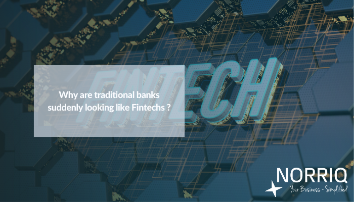 Overly of "Traditional banks" resembling Fintechs, and NORRIQ branding